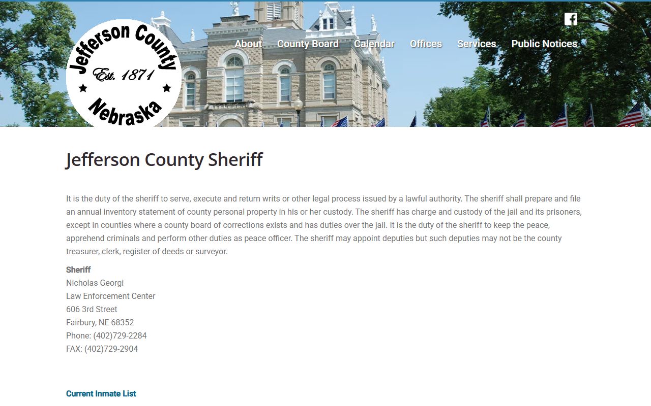 Jefferson County Nebraska sheriff page for inmate records and jail roster access